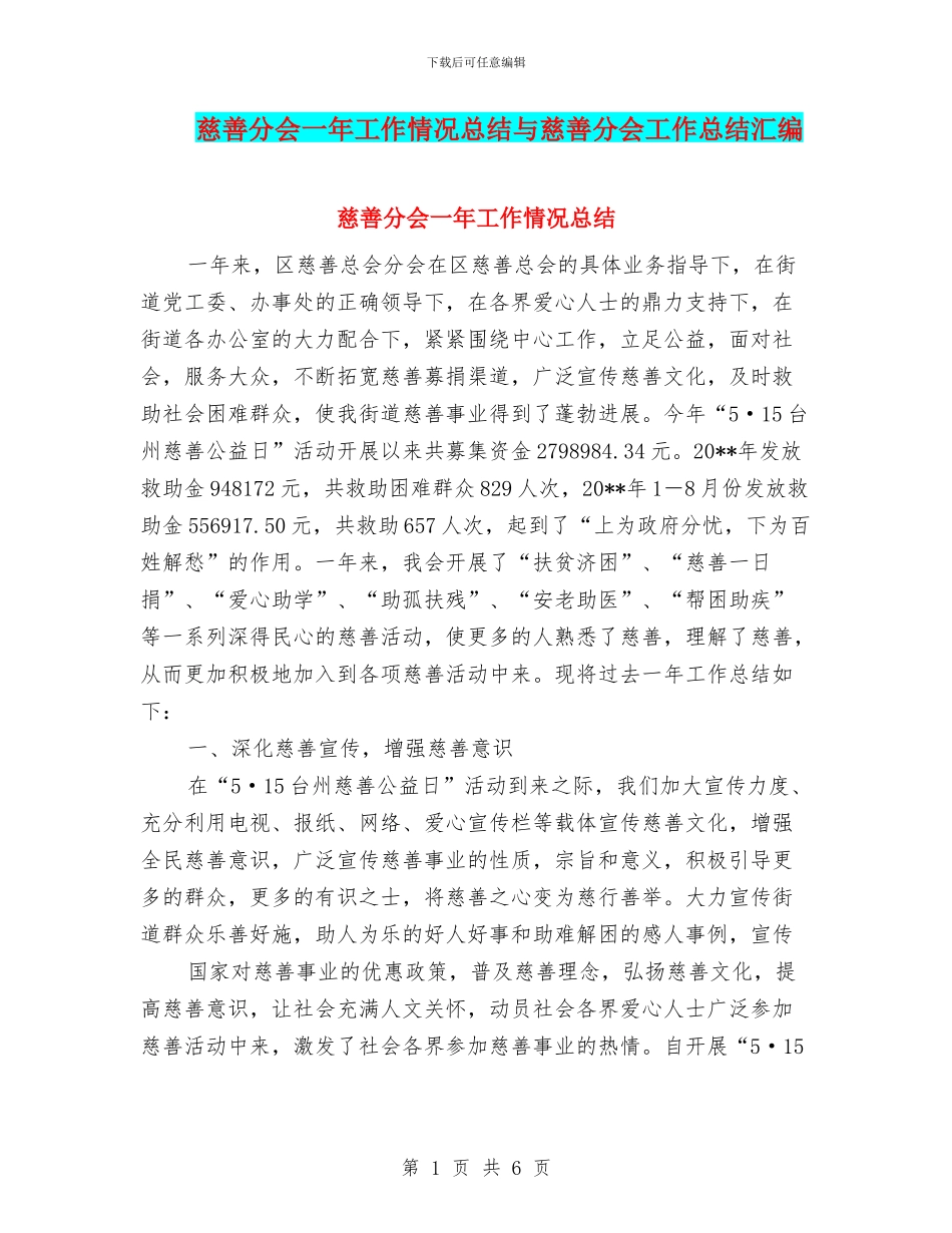 慈善分会一年工作情况总结与慈善分会工作总结汇编_第1页