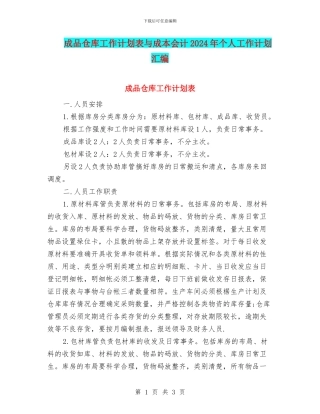 成品仓库工作计划表与成本会计2024年个人工作计划汇编