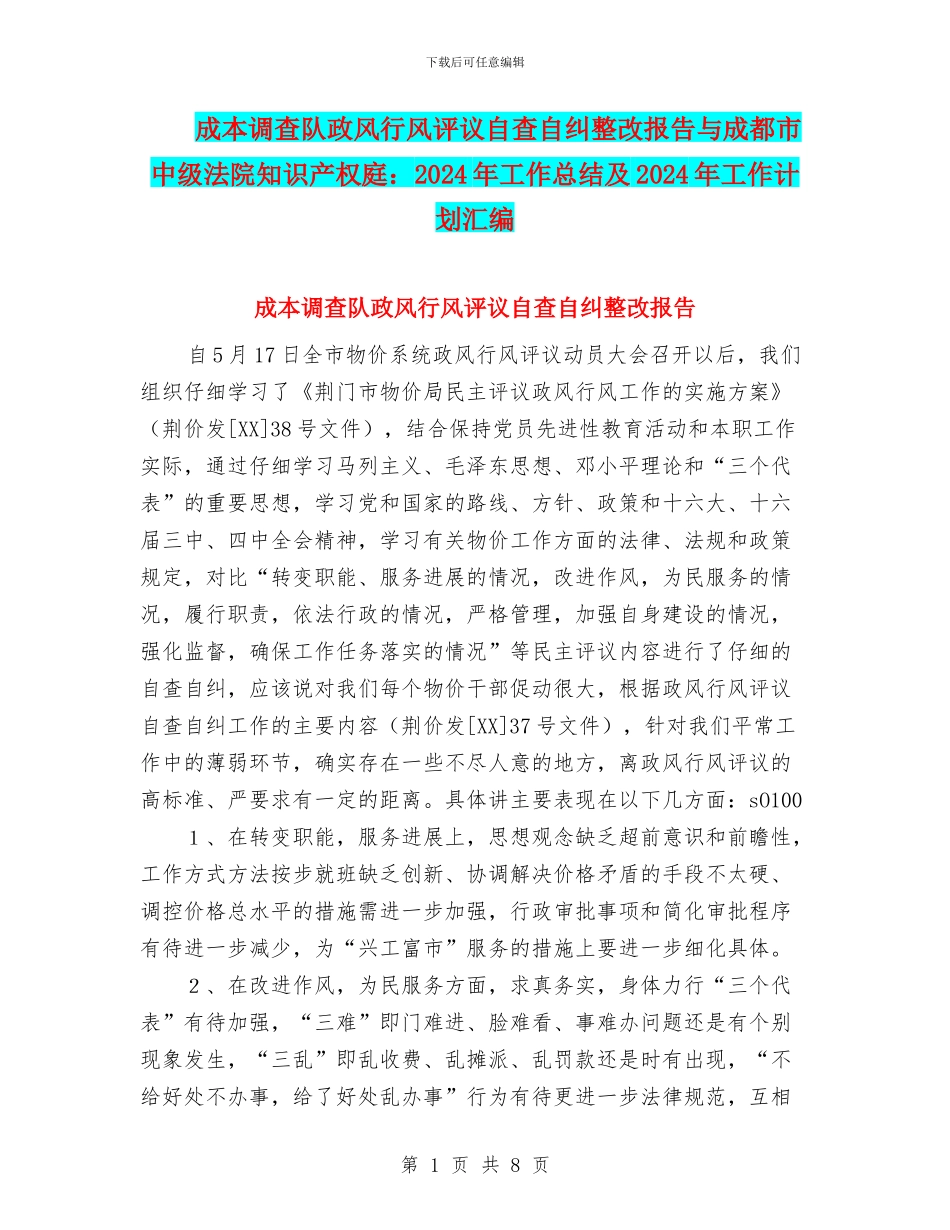 成本调查队政风行风评议自查自纠整改报告与成都市中级法院知识产权庭：2024年工作总结及2024年工作计划汇编_第1页