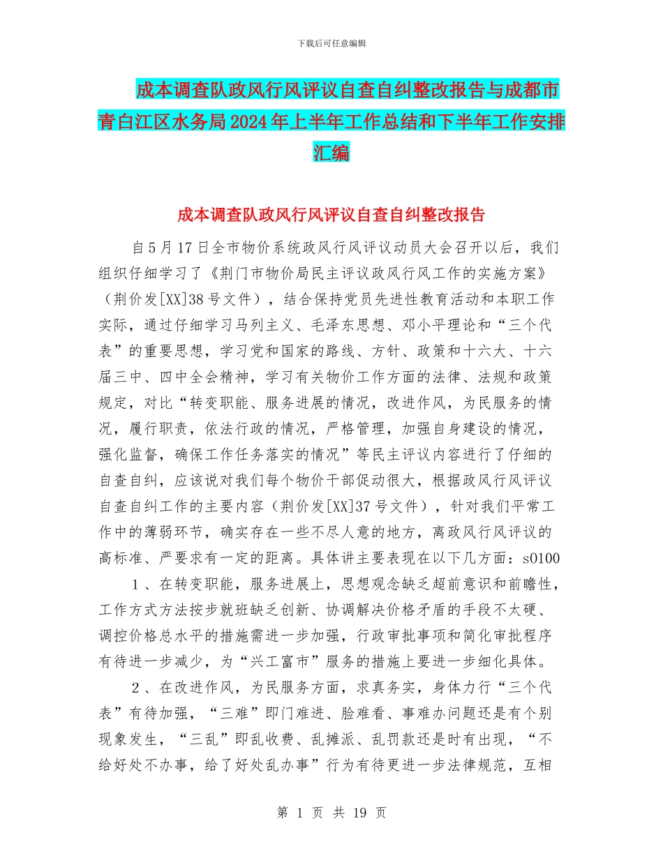 成本调查队政风行风评议自查自纠整改报告与成都市青白江区水务局2024年上半年工作总结和下半年工作安排汇编_第1页
