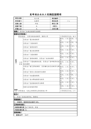 某啤酒企业木工岗岗位说明书