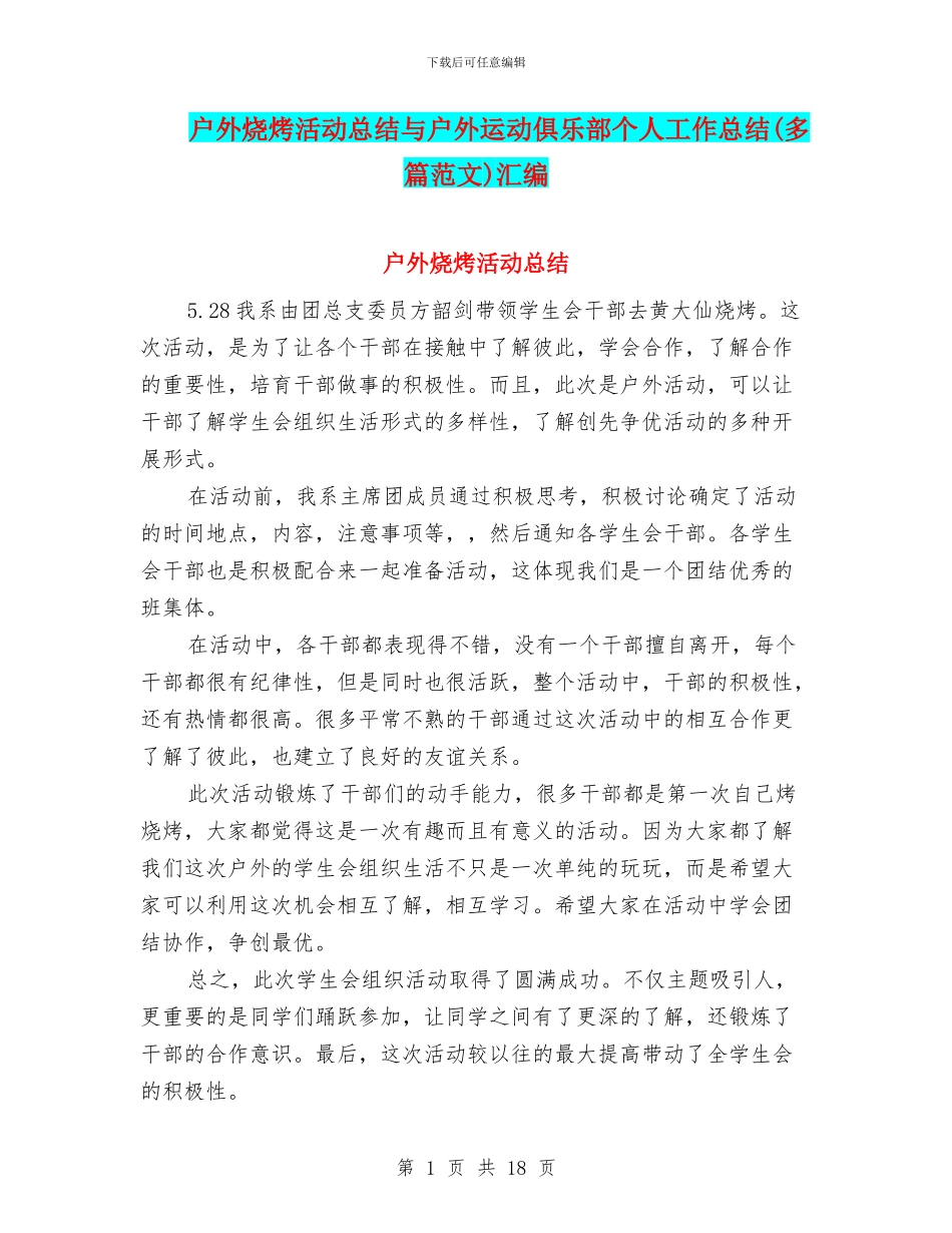 户外烧烤活动总结与户外运动俱乐部个人工作总结汇编_第1页