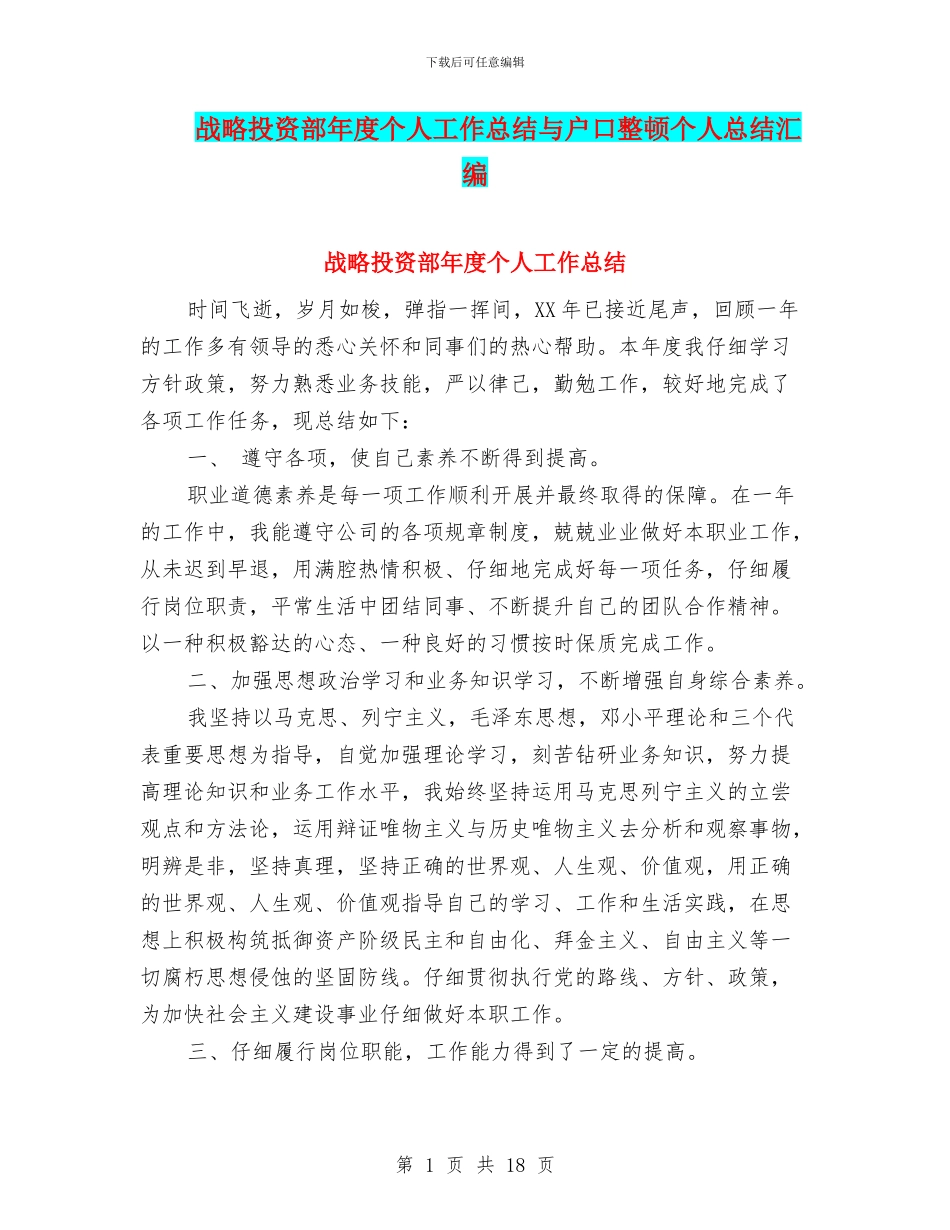 战略投资部年度个人工作总结与户口整顿个人总结汇编_第1页