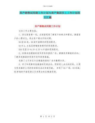 房产销售试用期工作计划与房产集团员工工作计划范文汇编