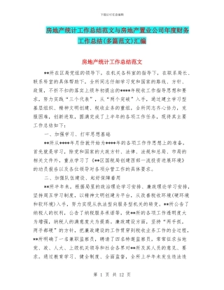 房地产统计工作总结范文与房地产置业公司年度财务工作总结汇编