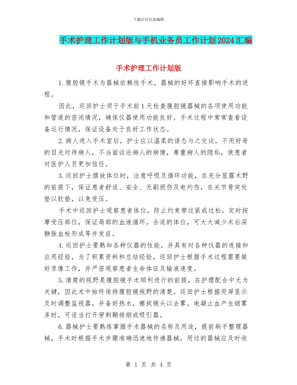 手术护理工作计划版与手机业务员工作计划2024汇编_第1页