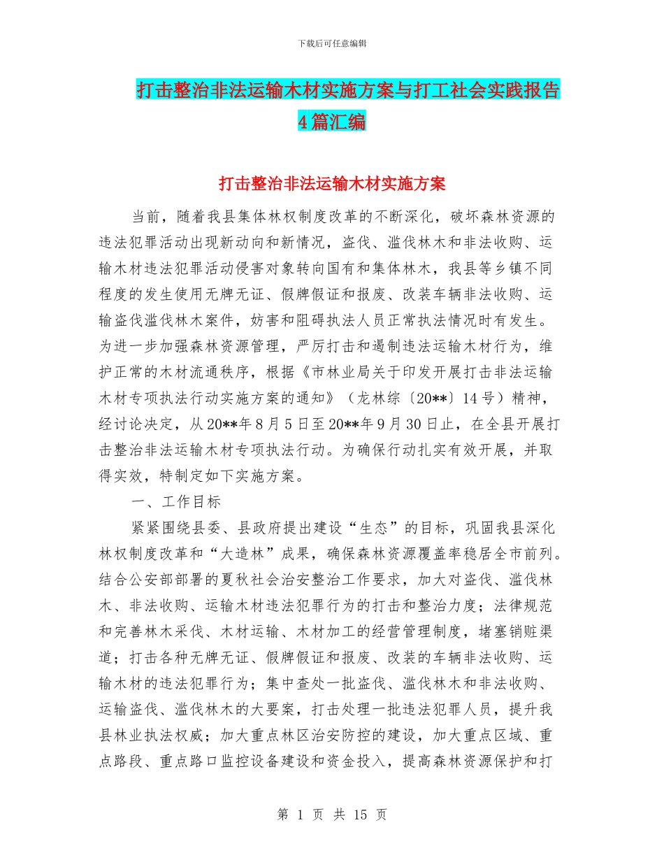 打击整治非法运输木材实施方案与打工社会实践报告4篇汇编_第1页