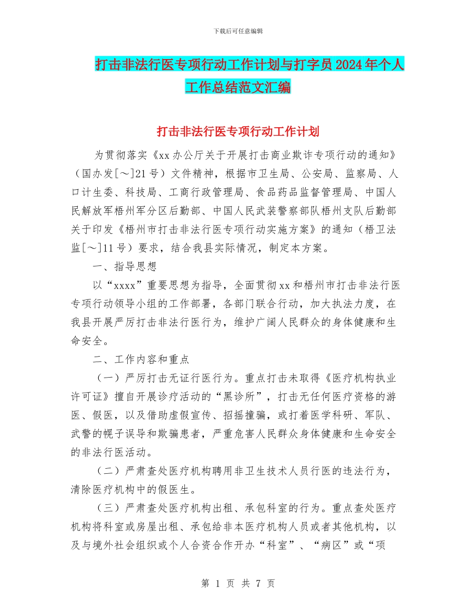 打击非法行医专项行动工作计划与打字员2024年个人工作总结范文汇编_第1页