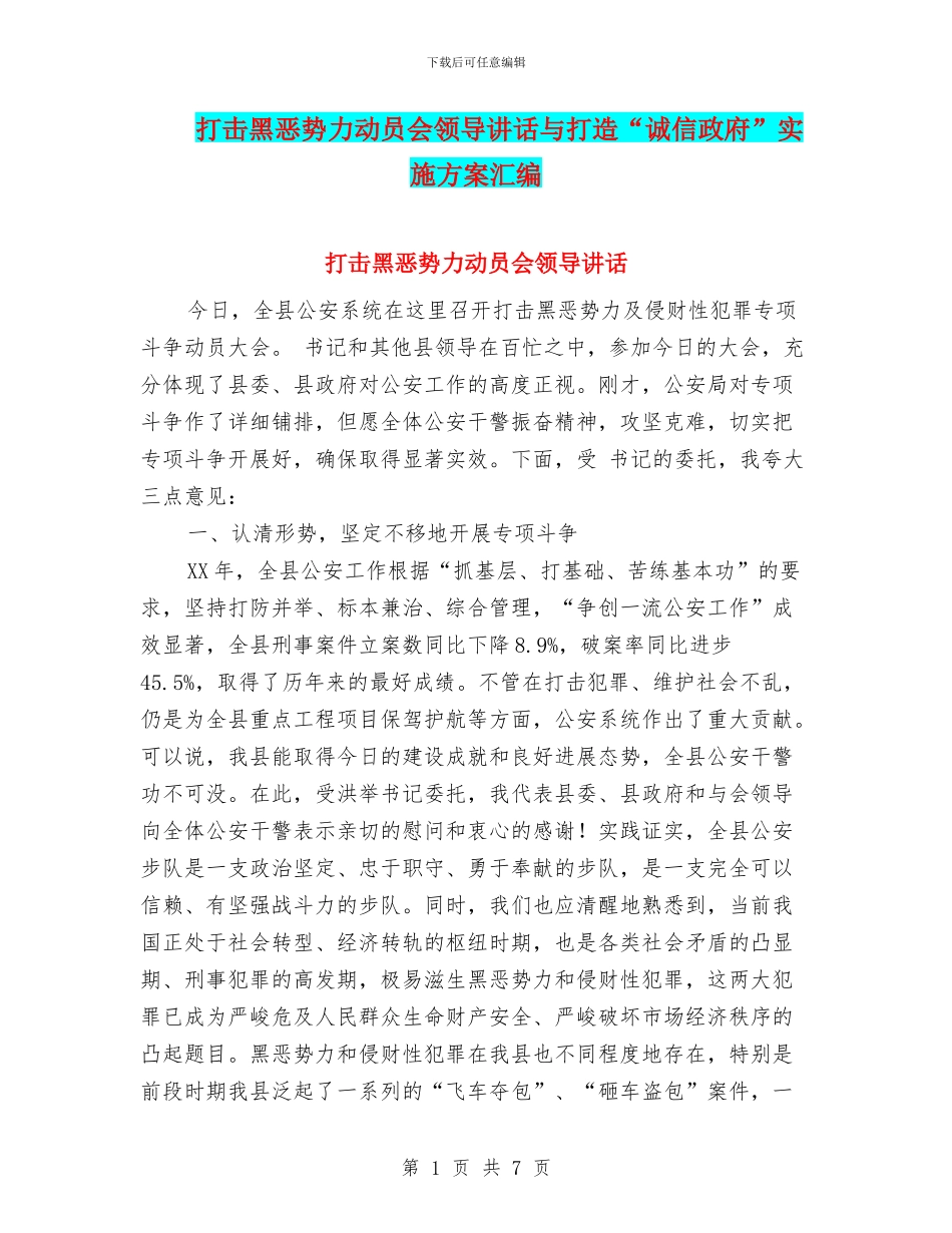 打击黑恶势力动员会领导讲话与打造“诚信政府”实施方案汇编_第1页