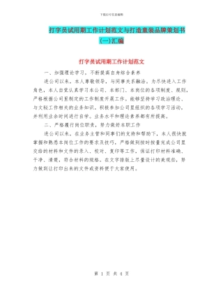 打字员试用期工作计划范文与打造童装品牌策划书(一)汇编