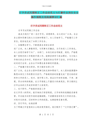 打字员试用期转正工作总结范文与打磨作业岗位安全操作规程及危险源辨识汇编