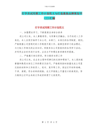 打字员试用期工作计划范文与打造童装品牌策划书汇编