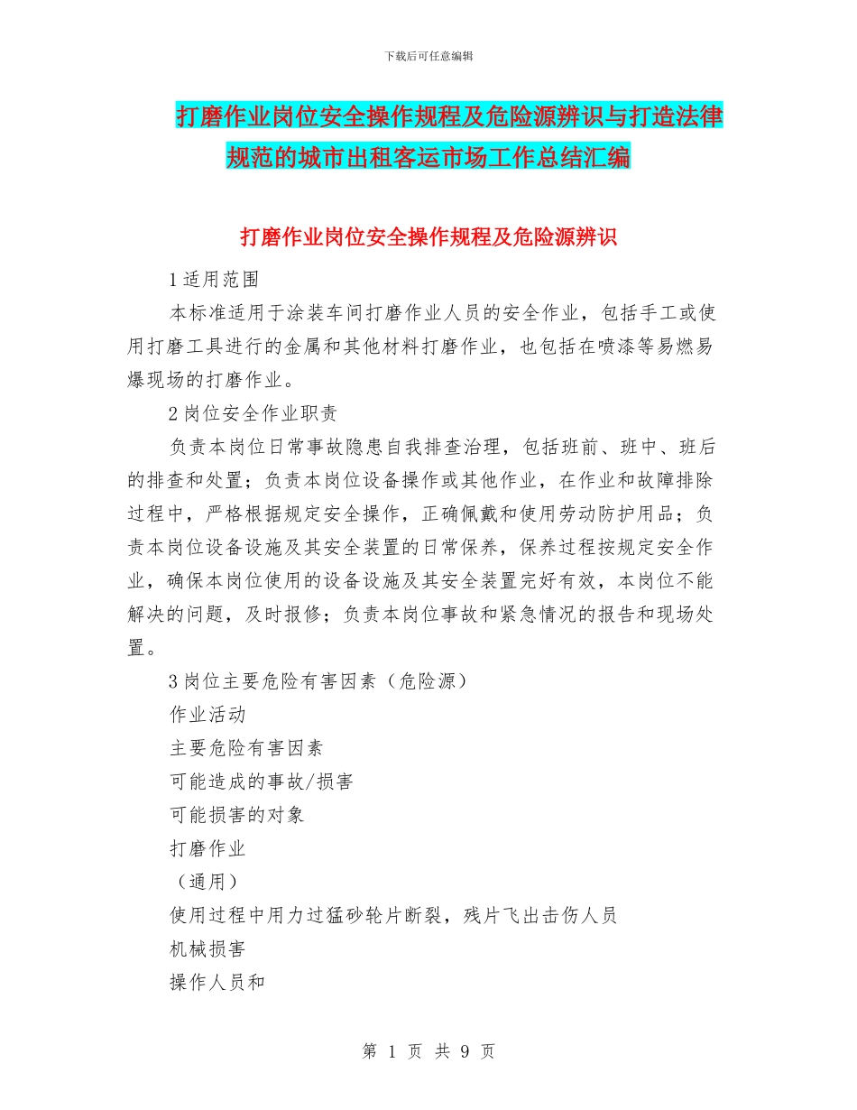 打磨作业岗位安全操作规程及危险源辨识与打造规范的城市出租客运市场工作总结汇编_第1页