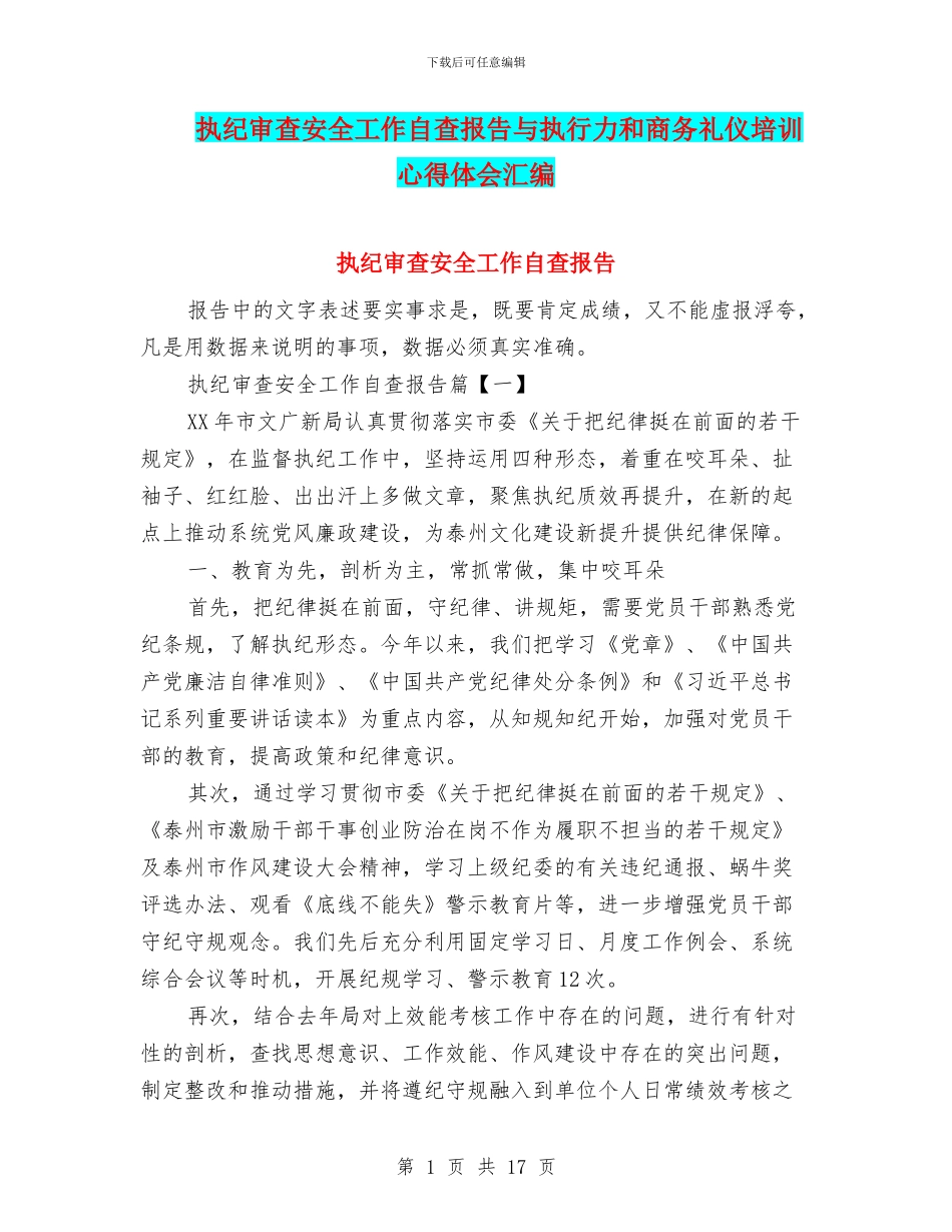 执纪审查安全工作自查报告与执行力和商务礼仪培训心得体会汇编_第1页