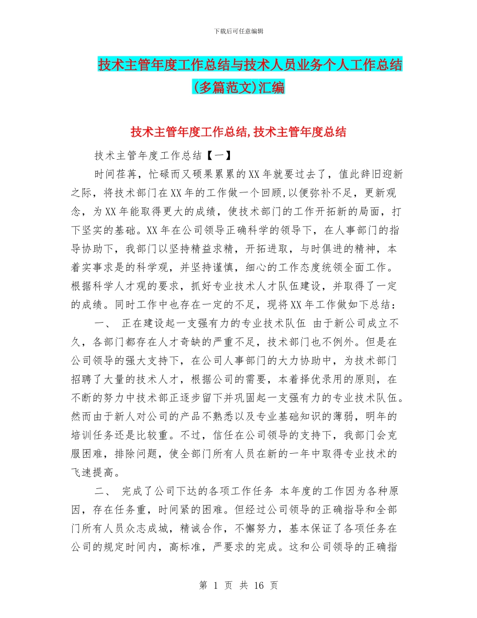 技术主管年度工作总结与技术人员业务个人工作总结汇编_第1页