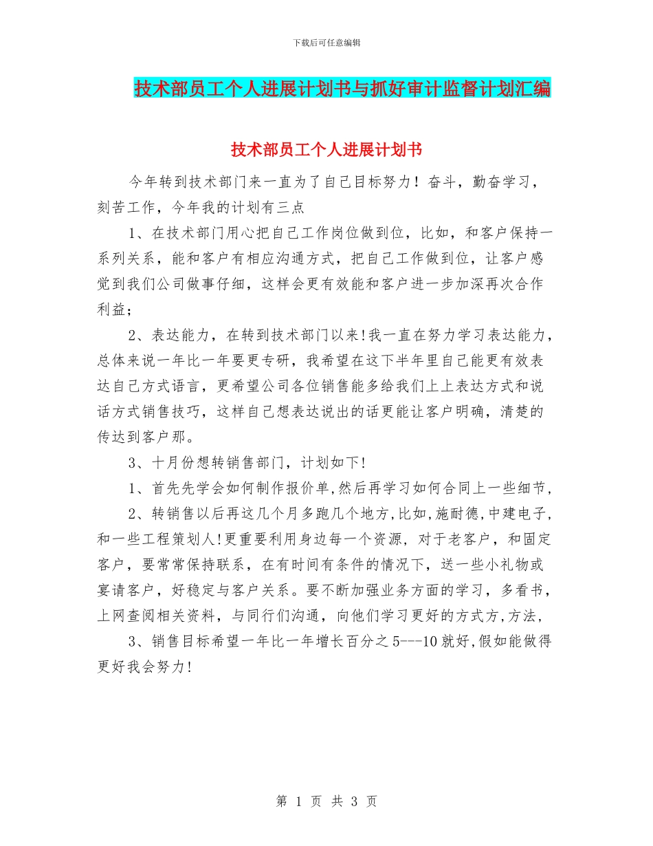 技术部员工个人发展计划书与抓好审计监督计划汇编_第1页