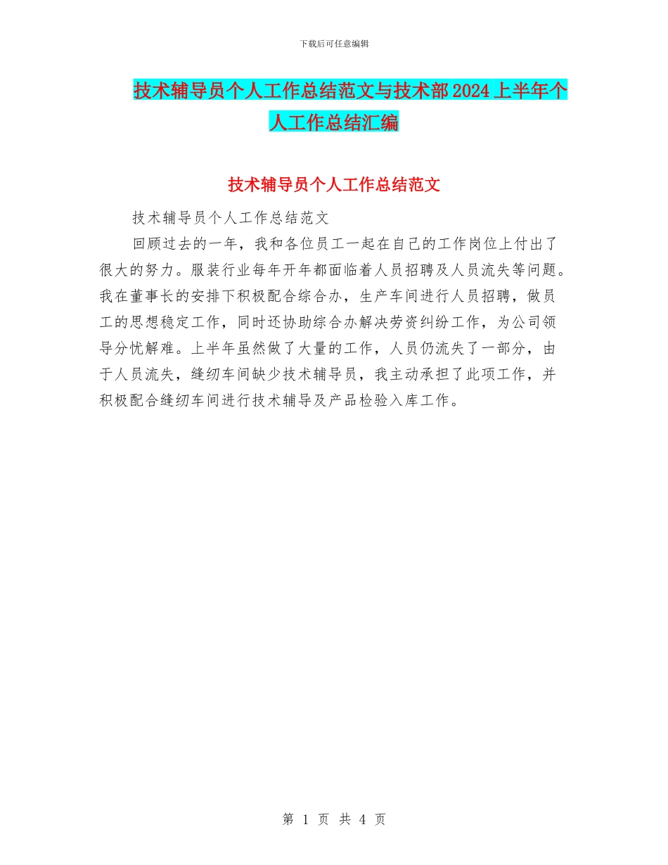 技术辅导员个人工作总结范文与技术部2024上半年个人工作总结汇编_第1页