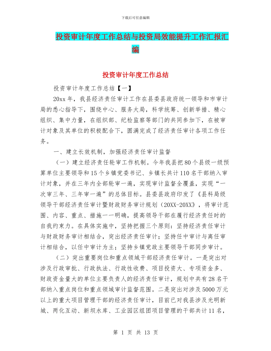 投资审计年度工作总结与投资局效能提升工作汇报汇编_第1页