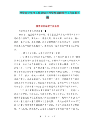 投资审计年度工作总结与投资局效能提升工作汇报汇编