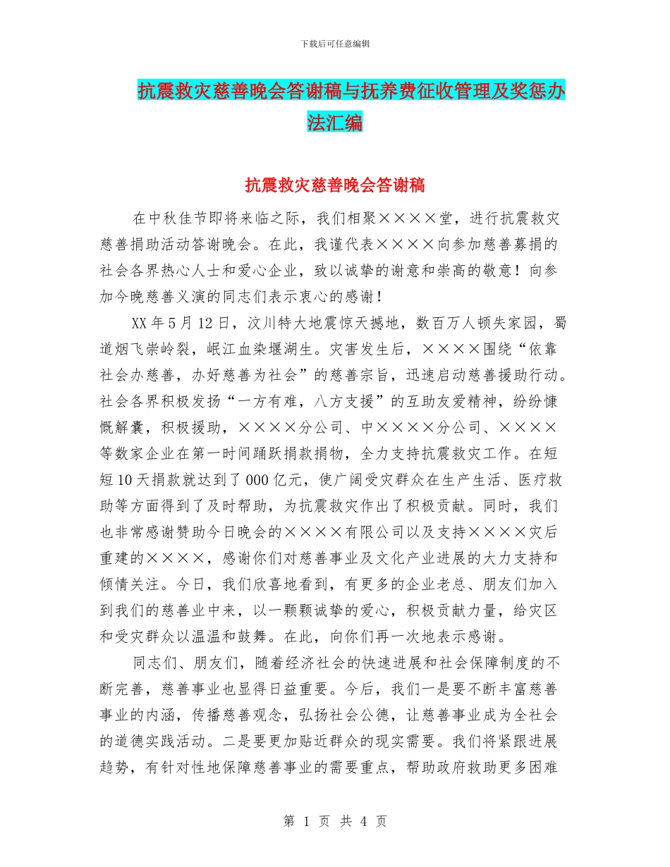 抗震救灾慈善晚会答谢稿与抚养费征收管理及奖惩办法汇编_第1页