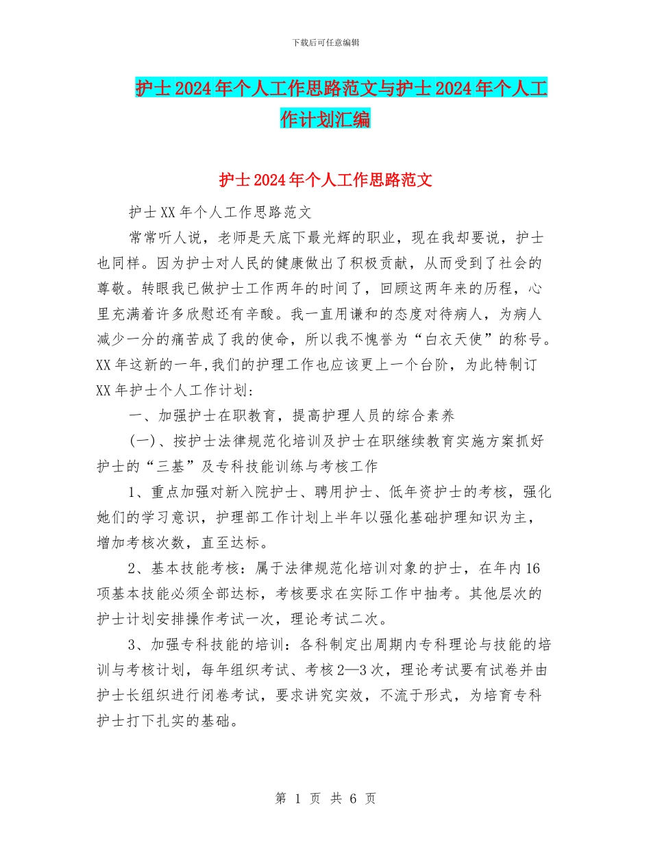 护士2024年个人工作思路范文与护士2024年个人工作计划汇编_第1页