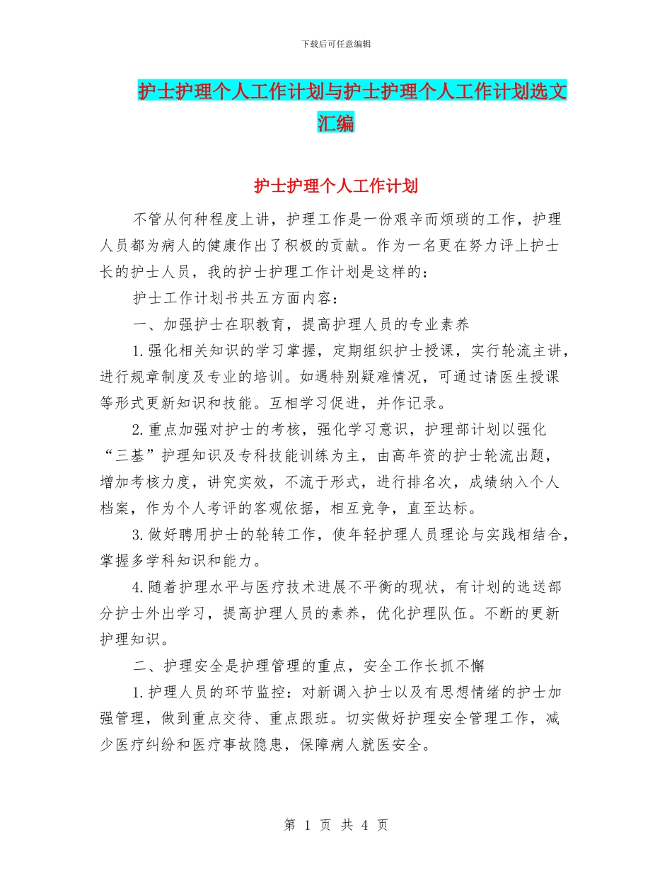 护士护理个人工作计划与护士护理个人工作计划选文汇编_第1页