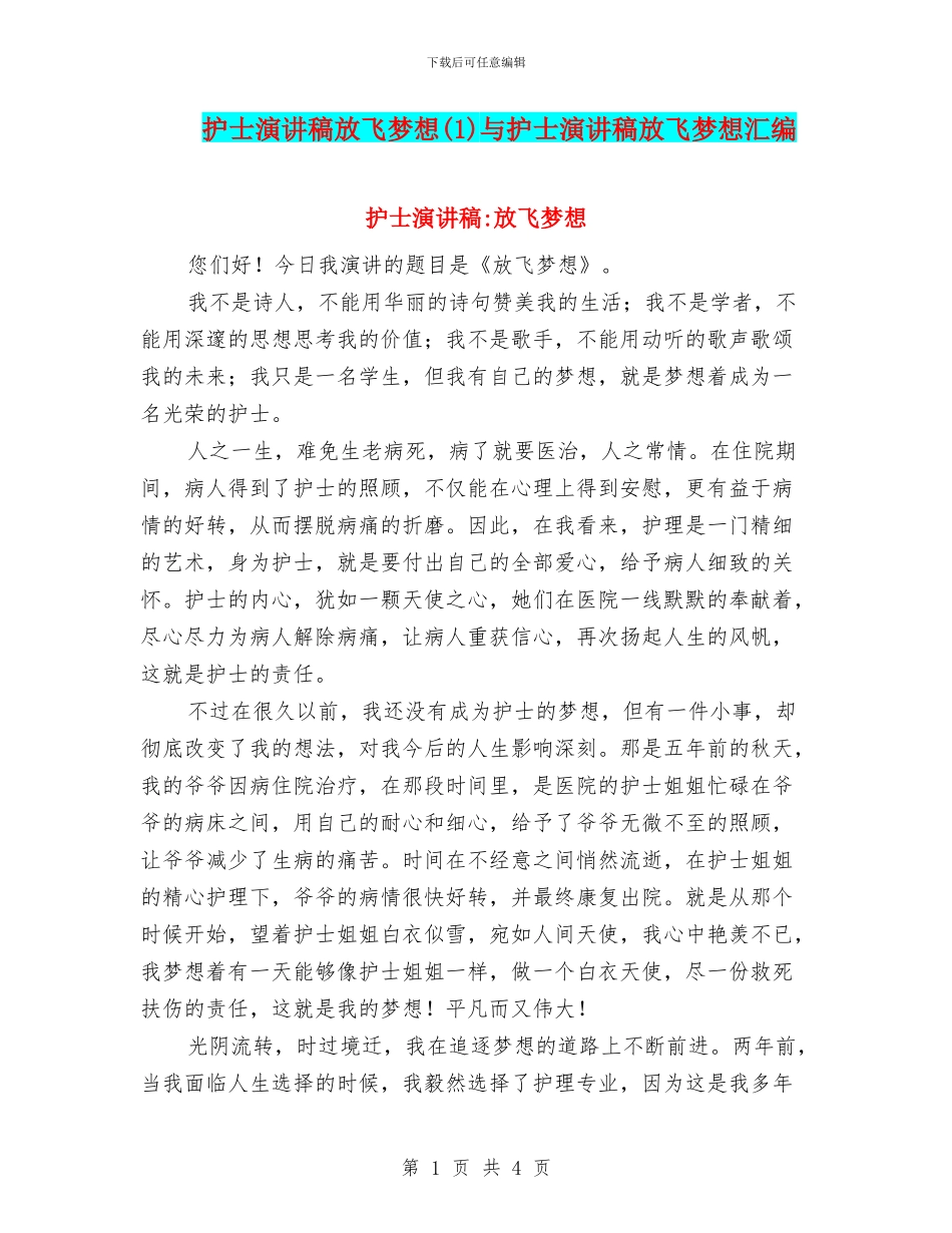 护士演讲稿放飞梦想与护士演讲稿放飞梦想汇编_第1页