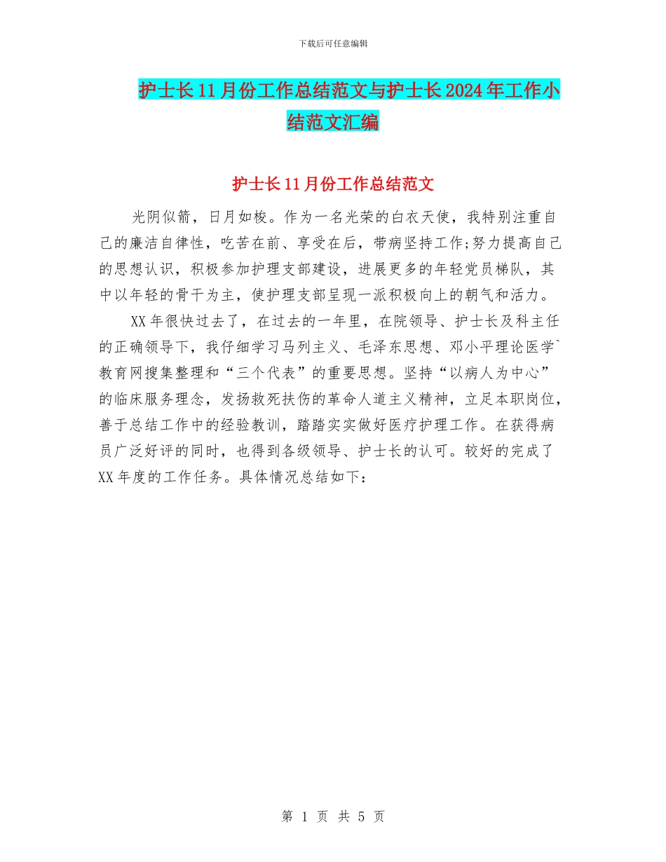 护士长11月份工作总结范文与护士长2024年工作小结范文汇编_第1页