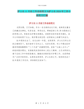护士长11月份工作总结范文与护士长2024年工作小结范文汇编