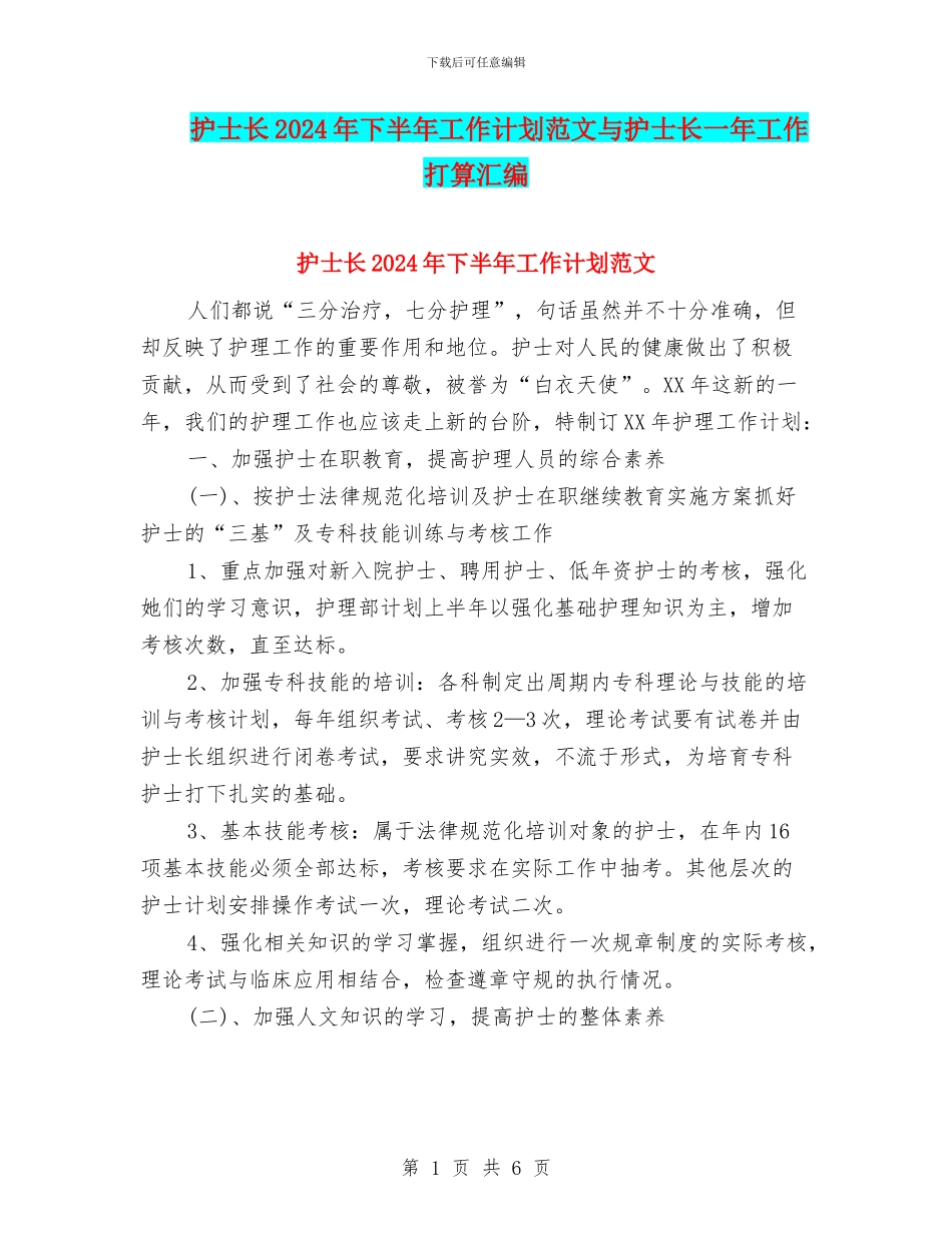 护士长2024年下半年工作计划范文与护士长一年工作打算汇编_第1页