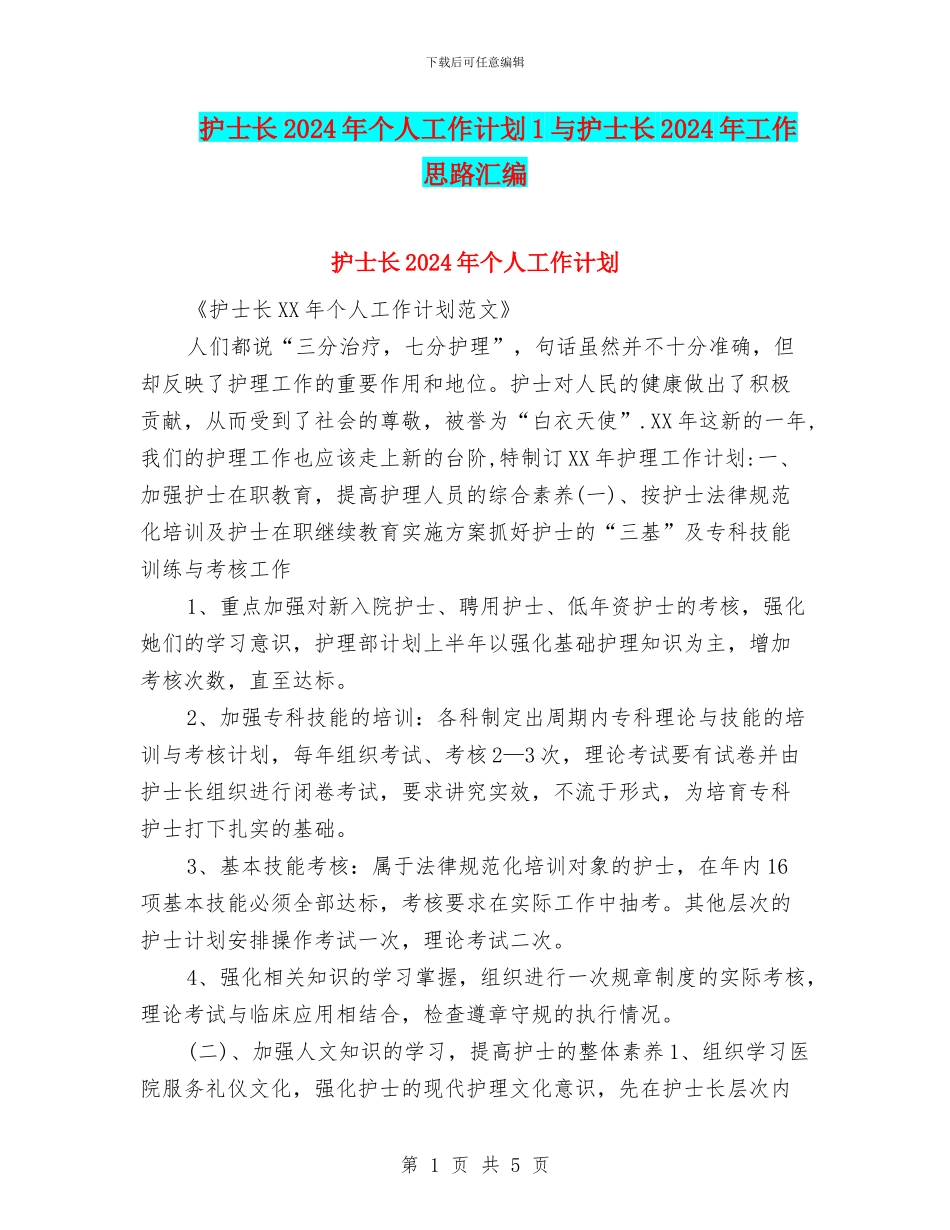 护士长2024年个人工作计划1与护士长2024年工作思路汇编_第1页