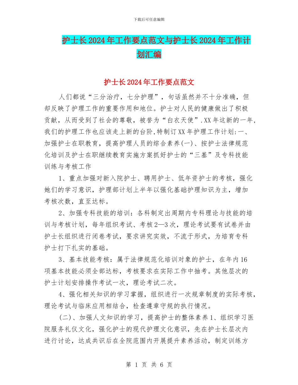 护士长2024年工作要点范文与护士长2024年工作计划汇编_第1页