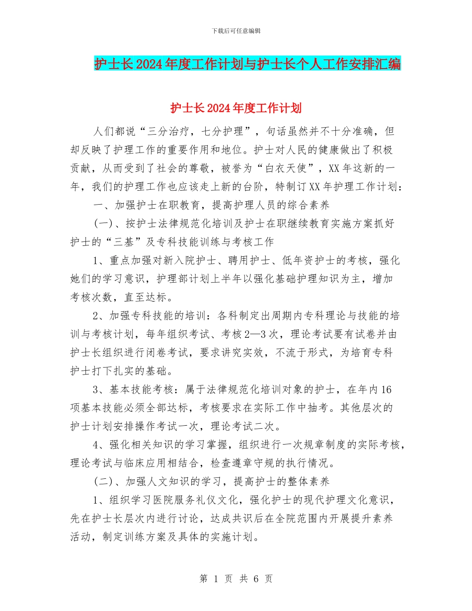 护士长2024年度工作计划与护士长个人工作安排汇编_第1页