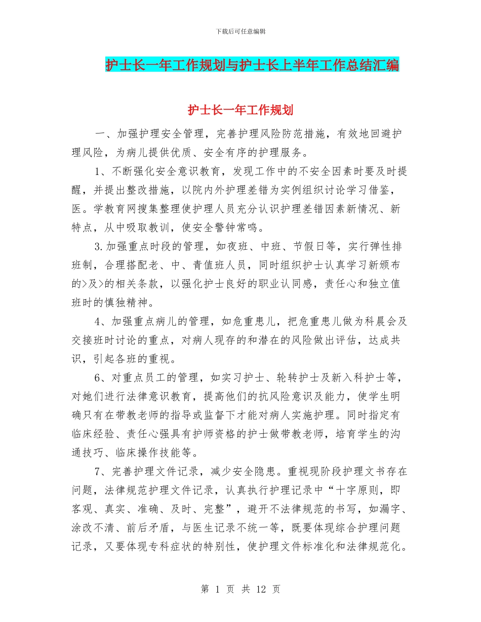 护士长一年工作规划与护士长上半年工作总结汇编_第1页