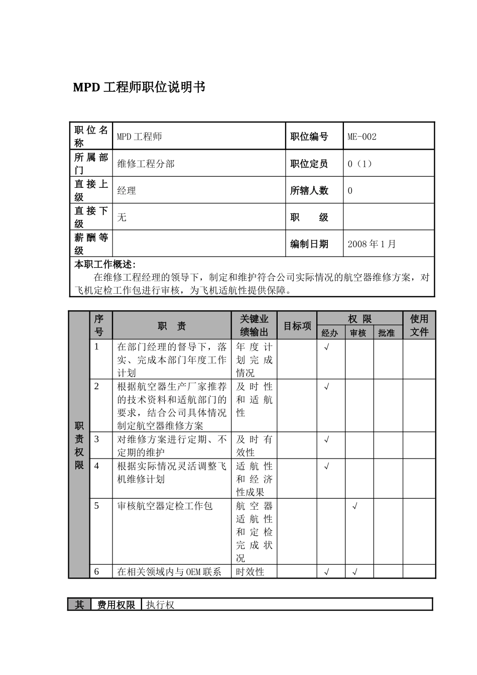 某航空物流公司mpd工程师职位说明书及关键绩效标准_第1页