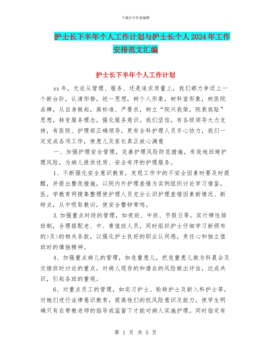 护士长下半年个人工作计划与护士长个人2024年工作安排范文汇编_第1页