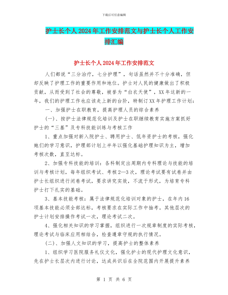 护士长个人2024年工作安排范文与护士长个人工作安排汇编_第1页
