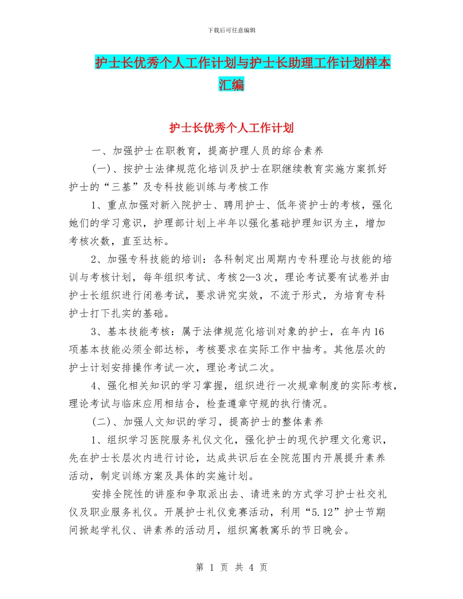 护士长优秀个人工作计划与护士长助理工作计划样本汇编_第1页