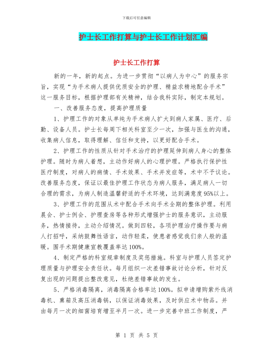 护士长工作打算与护士长工作计划汇编_第1页