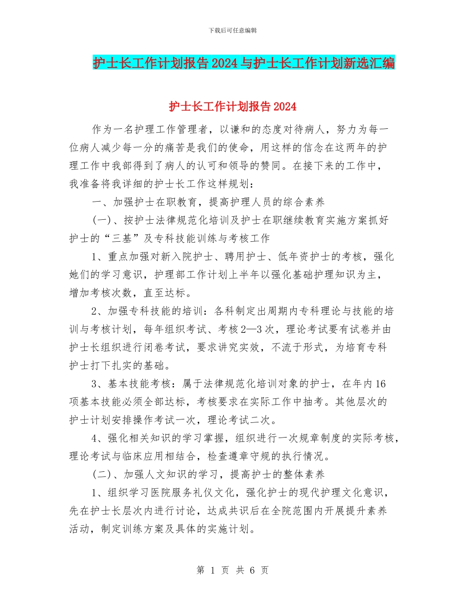 护士长工作计划报告2024与护士长工作计划新选汇编_第1页