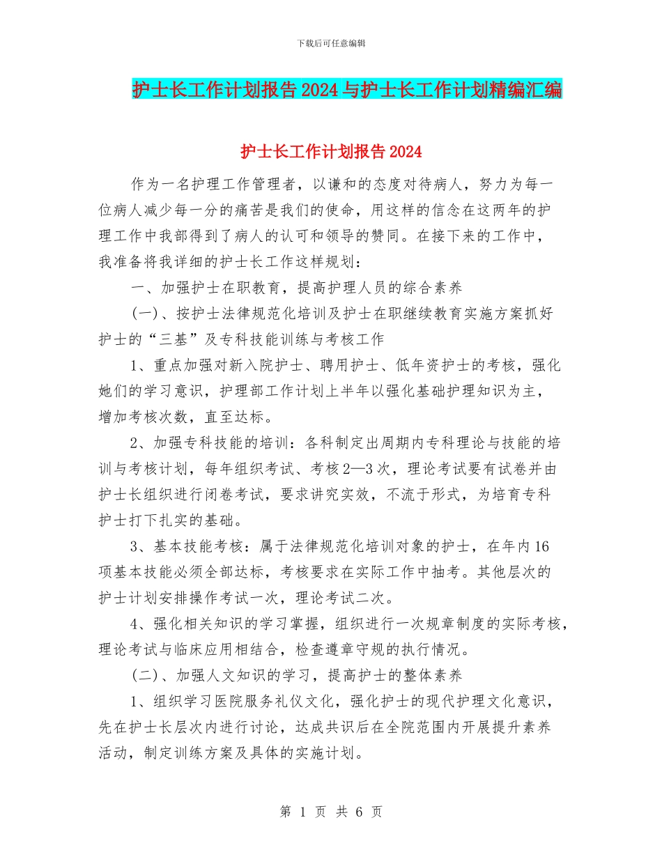 护士长工作计划报告2024与护士长工作计划精编汇编_第1页