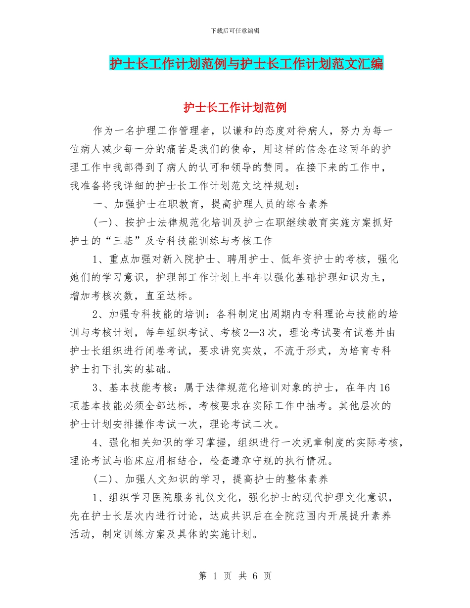 护士长工作计划范例与护士长工作计划范文汇编_第1页