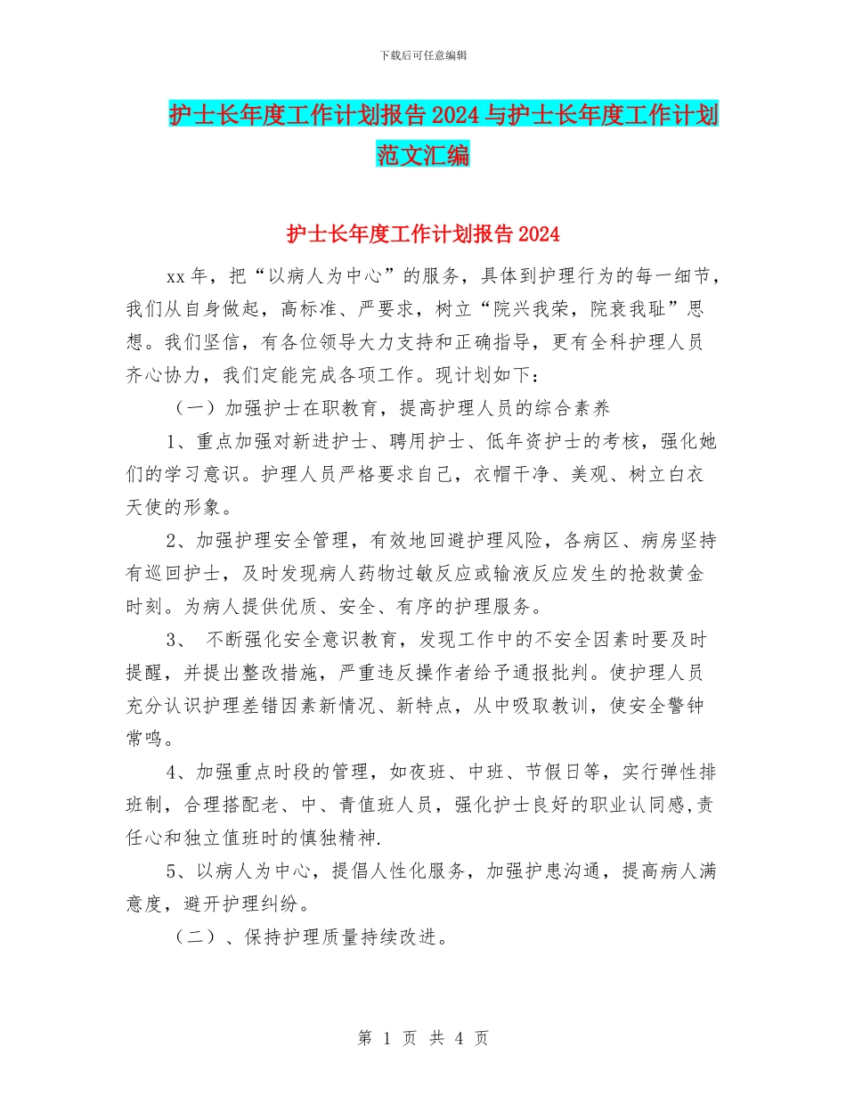 护士长年度工作计划报告2024与护士长年度工作计划范文汇编_第1页