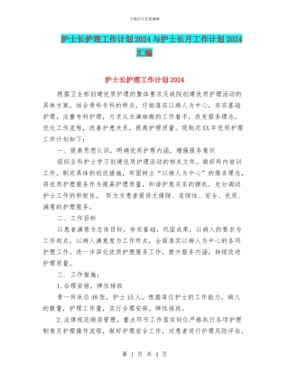 护士长护理工作计划2024与护士长月工作计划2024汇编