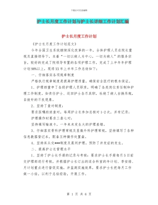护士长月度工作计划与护士长详细工作计划汇编