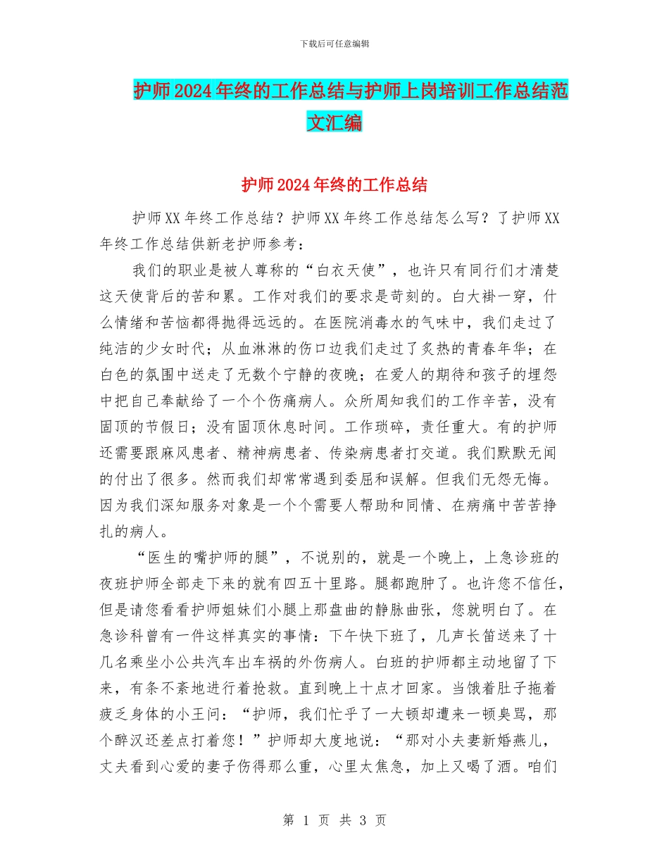 护师2024年终的工作总结与护师上岗培训工作总结范文汇编_第1页