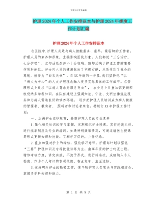 护理2024年个人工作安排范本与护理2024年季度工作计划汇编