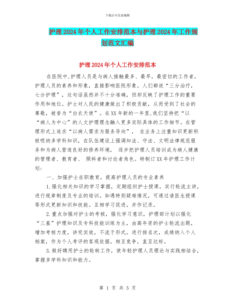 护理2024年个人工作安排范本与护理2024年工作规划范文汇编_第1页