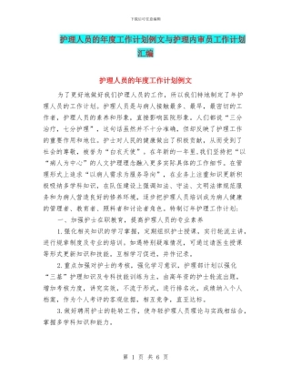 护理人员的年度工作计划例文与护理内审员工作计划汇编