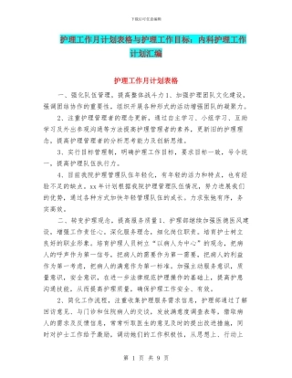 护理工作月计划表格与护理工作目标：内科护理工作计划汇编